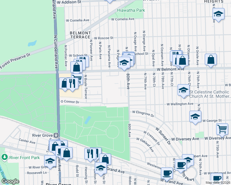 map of restaurants, bars, coffee shops, grocery stores, and more near 3000 80th Avenue in River Grove