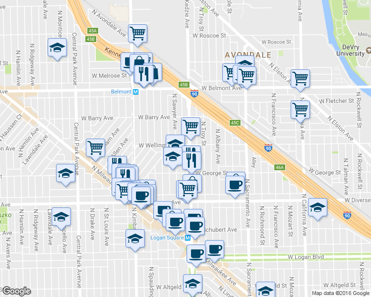 map of restaurants, bars, coffee shops, grocery stores, and more near 2950 N Kedzie Ave in Chicago