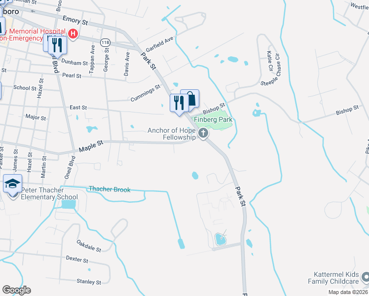 map of restaurants, bars, coffee shops, grocery stores, and more near 223 Maple Street in Attleboro
