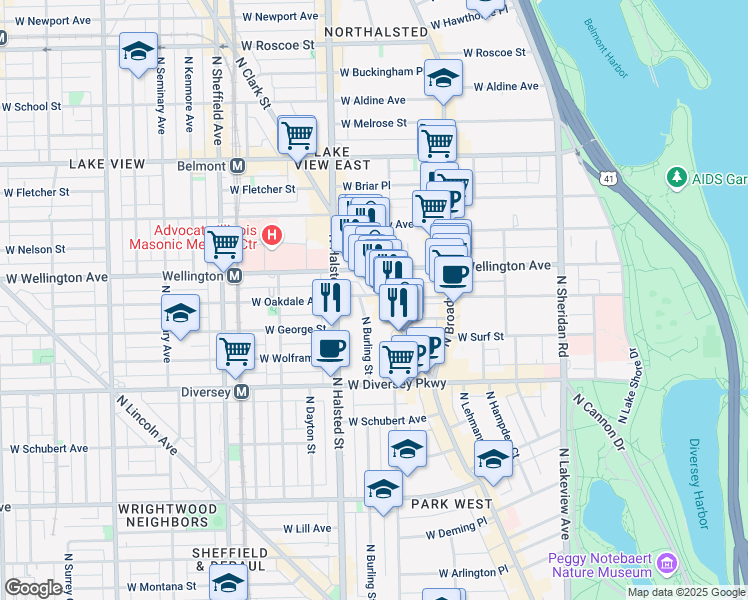 map of restaurants, bars, coffee shops, grocery stores, and more near 719 West Oakdale Avenue in Chicago