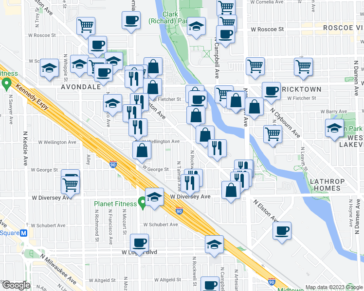 map of restaurants, bars, coffee shops, grocery stores, and more near 2951 North Talman Avenue in Chicago