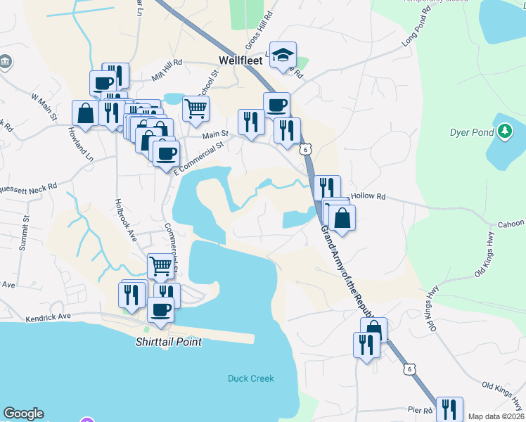 map of restaurants, bars, coffee shops, grocery stores, and more near 45 Alves Road in Wellfleet