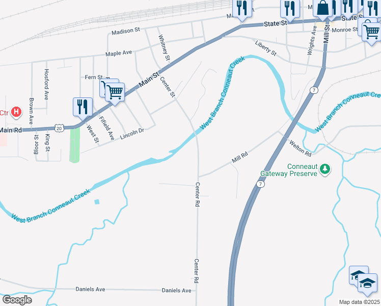 map of restaurants, bars, coffee shops, grocery stores, and more near 431 Center Road in Conneaut