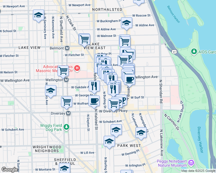 map of restaurants, bars, coffee shops, grocery stores, and more near 719 West Oakdale Avenue in Chicago