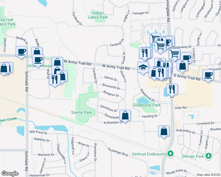 map of restaurants, bars, coffee shops, grocery stores, and more near 47 Bosworth Drive in Glendale Heights