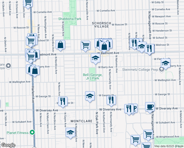 map of restaurants, bars, coffee shops, grocery stores, and more near 3011 North Newcastle Avenue in Chicago