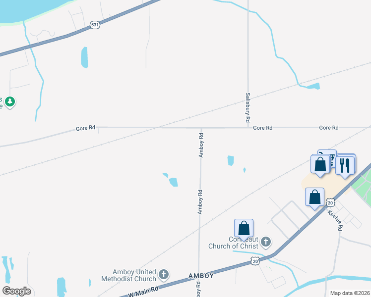 map of restaurants, bars, coffee shops, grocery stores, and more near 265 Amboy Road in Conneaut
