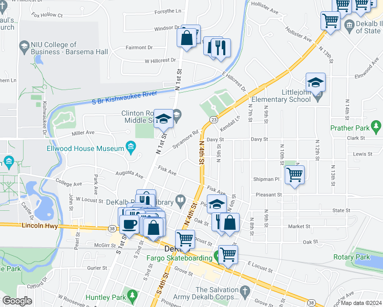 map of restaurants, bars, coffee shops, grocery stores, and more near 608 Dekalb Avenue in DeKalb