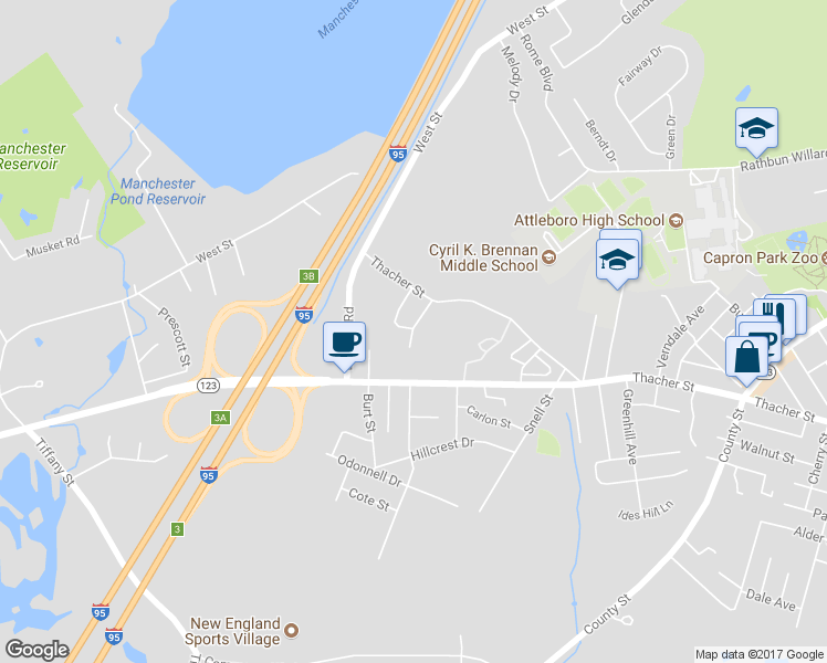 map of restaurants, bars, coffee shops, grocery stores, and more near 30 Patterson Street in Attleboro