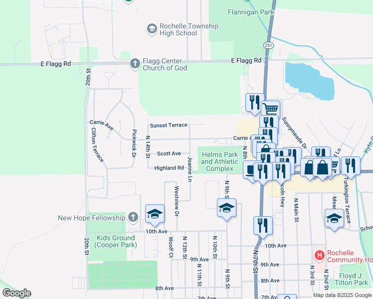 map of restaurants, bars, coffee shops, grocery stores, and more near 230 Joanne Lane in Rochelle