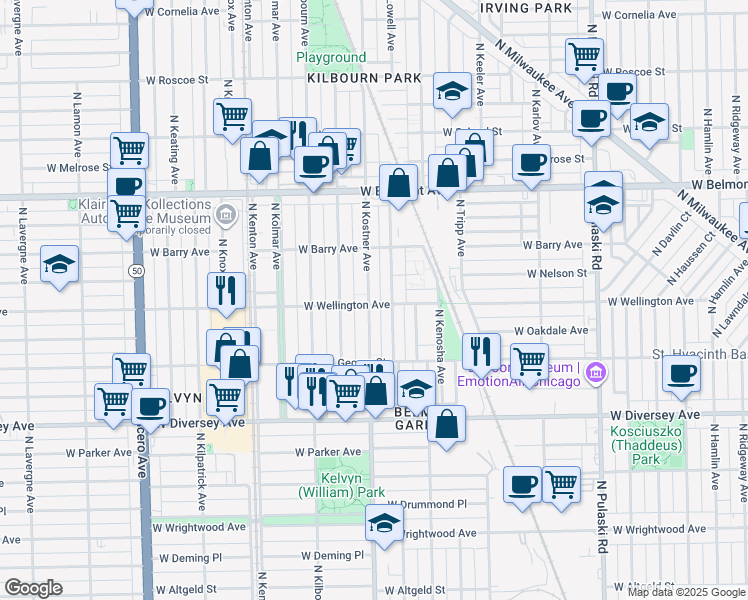 map of restaurants, bars, coffee shops, grocery stores, and more near 3001 North Kostner Avenue in Chicago