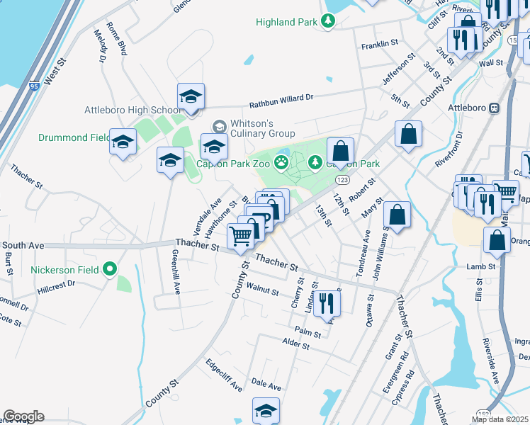 map of restaurants, bars, coffee shops, grocery stores, and more near 19 Bushee Street in Attleboro