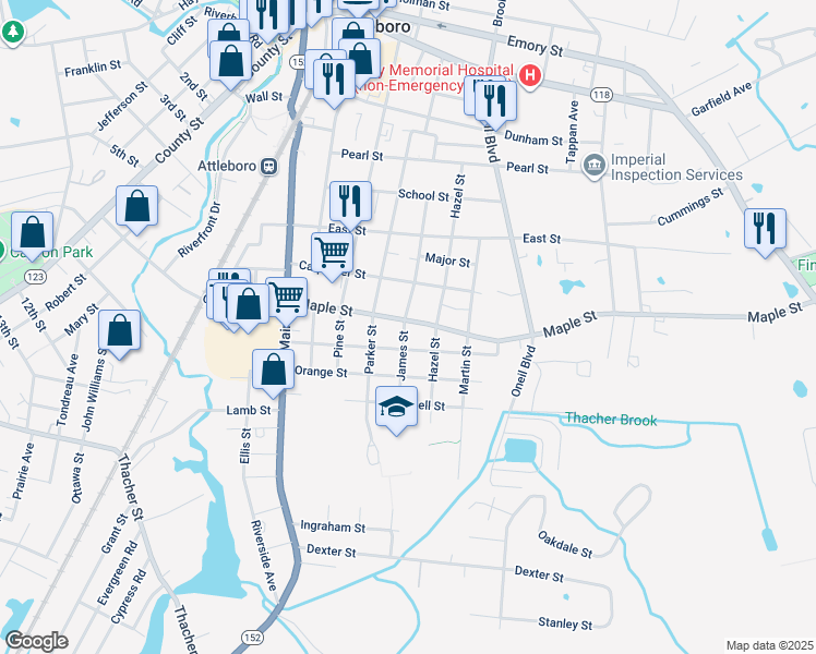 map of restaurants, bars, coffee shops, grocery stores, and more near 90 James Street in Attleboro