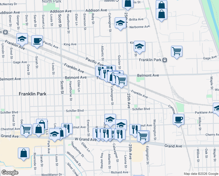 map of restaurants, bars, coffee shops, grocery stores, and more near 3115 Atlantic Street in Franklin Park