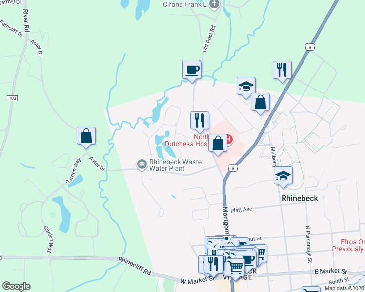 map of restaurants, bars, coffee shops, grocery stores, and more near 19 Pond Drive East in Rhinebeck