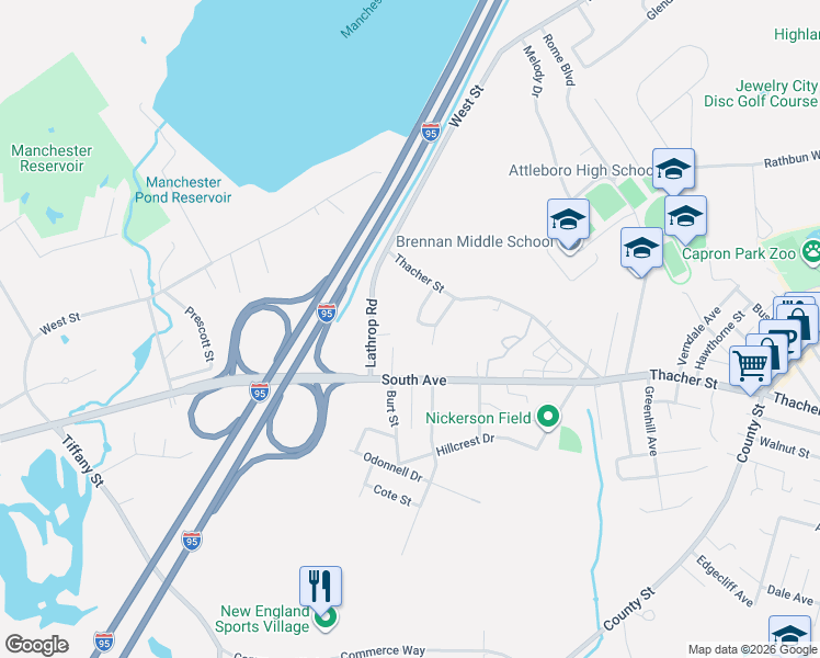 map of restaurants, bars, coffee shops, grocery stores, and more near 23 Valerie Drive in Attleboro