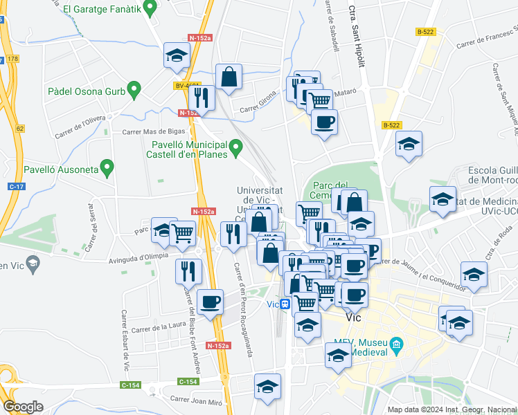 map of restaurants, bars, coffee shops, grocery stores, and more near 4 Carrer Castell d'en Planes in Vic