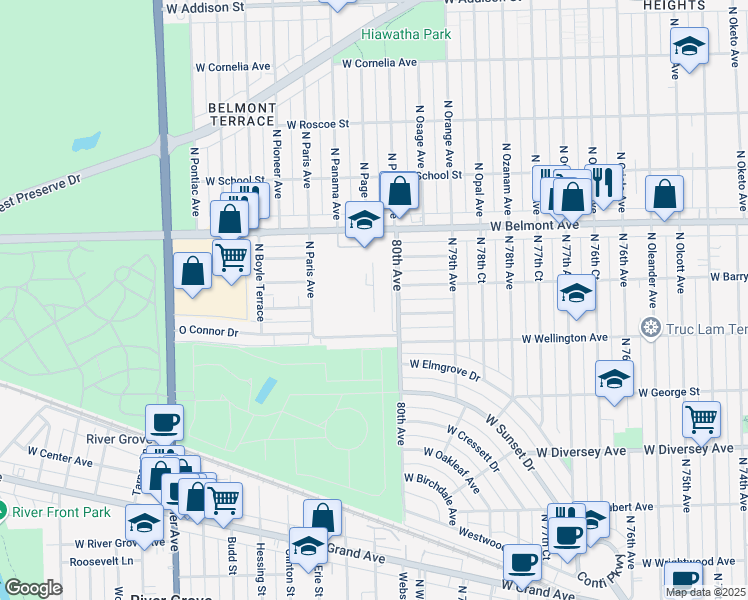 map of restaurants, bars, coffee shops, grocery stores, and more near 7945 West Barry Avenue in Elmwood Park