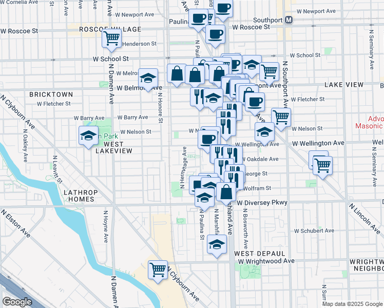map of restaurants, bars, coffee shops, grocery stores, and more near 2945 North Hermitage Avenue in Chicago