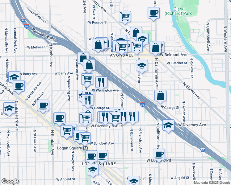 map of restaurants, bars, coffee shops, grocery stores, and more near 3021 West Wellington Avenue in Chicago