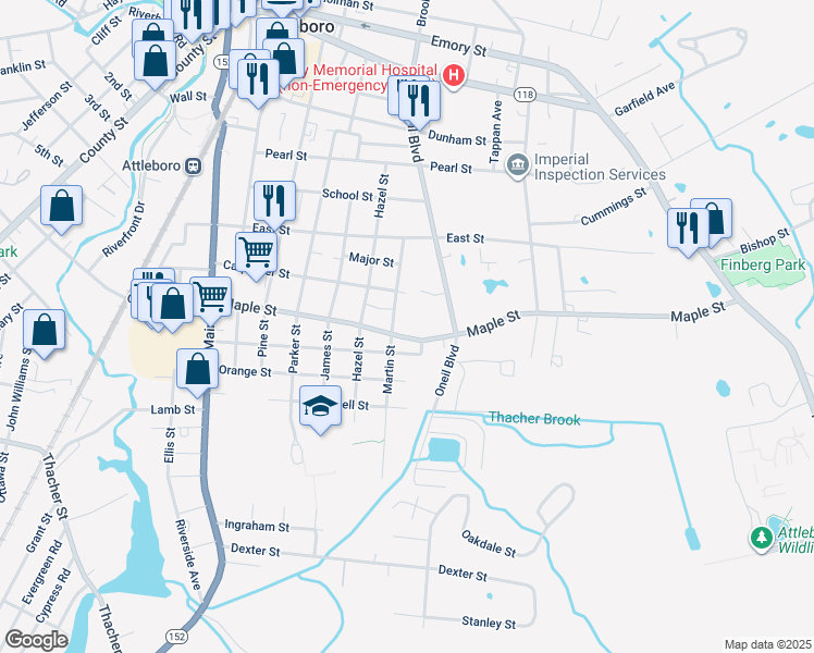 map of restaurants, bars, coffee shops, grocery stores, and more near 96 Maple Street in Attleboro