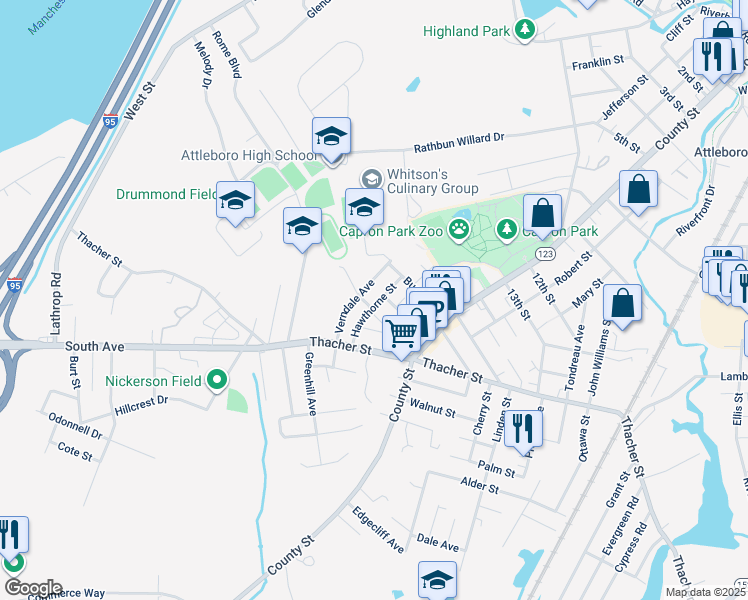 map of restaurants, bars, coffee shops, grocery stores, and more near 49 Verndale Avenue in Attleboro