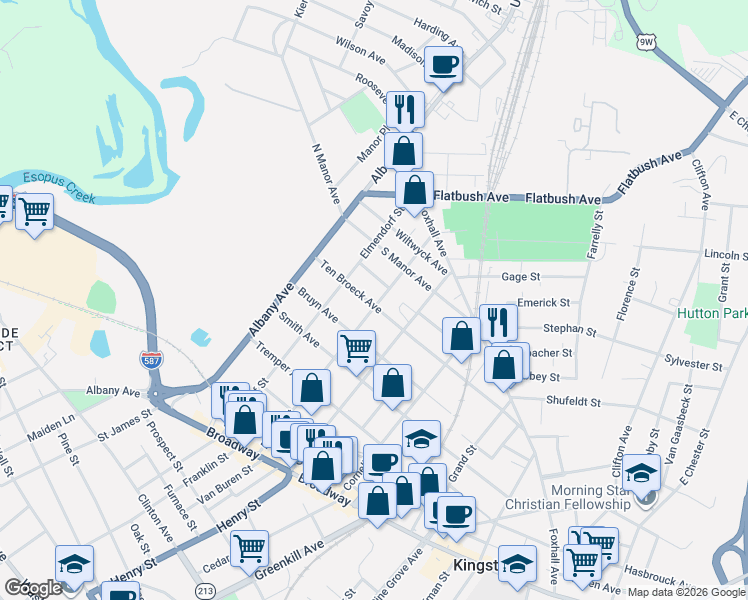 map of restaurants, bars, coffee shops, grocery stores, and more near 175 Ten Broeck Avenue in Kingston
