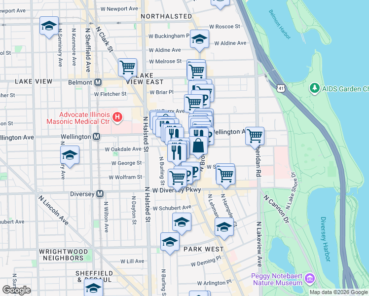 map of restaurants, bars, coffee shops, grocery stores, and more near 655 West Oakdale Avenue in Chicago
