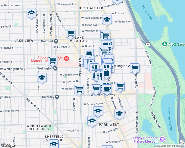 map of restaurants, bars, coffee shops, grocery stores, and more near 655 West Oakdale Avenue in Chicago