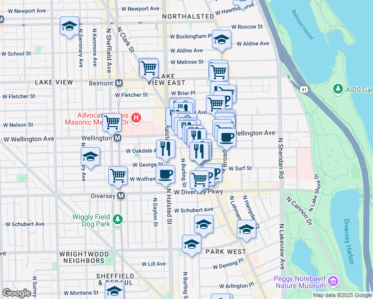 map of restaurants, bars, coffee shops, grocery stores, and more near 719 West Oakdale Avenue in Chicago