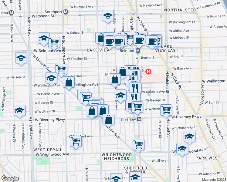 map of restaurants, bars, coffee shops, grocery stores, and more near 1110 West Oakdale Avenue in Chicago