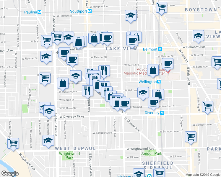 map of restaurants, bars, coffee shops, grocery stores, and more near 1228 West Oakdale Avenue in Chicago