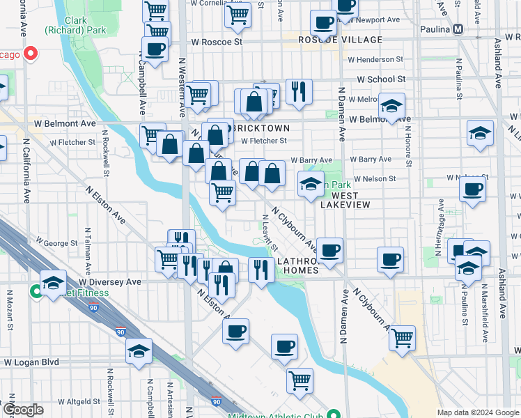 map of restaurants, bars, coffee shops, grocery stores, and more near 2225 West Wellington Avenue in Chicago