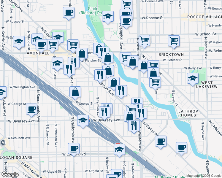 map of restaurants, bars, coffee shops, grocery stores, and more near 2949 North Elston Avenue in Chicago