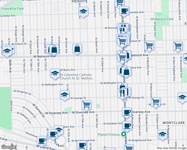 map of restaurants, bars, coffee shops, grocery stores, and more near 3037 North Oketo Avenue in Chicago