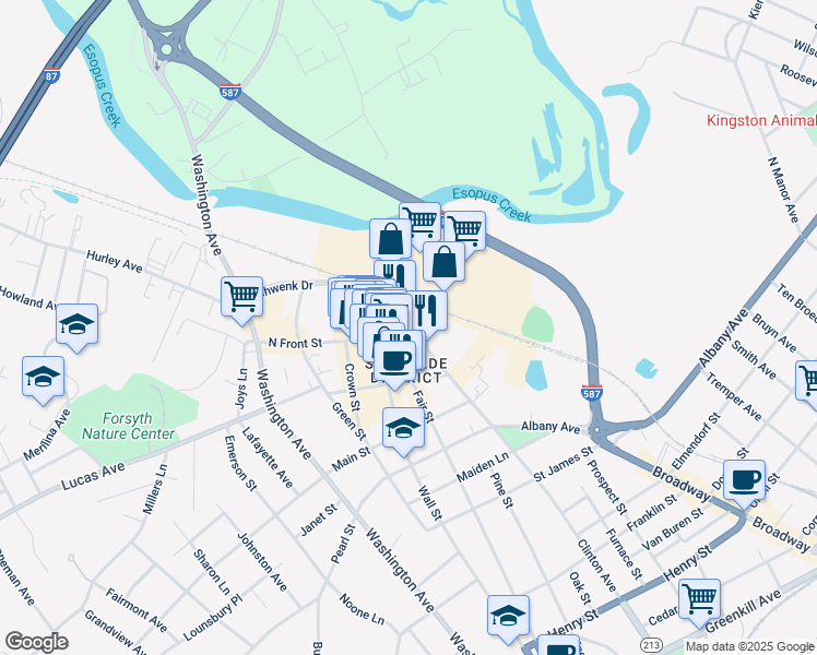 map of restaurants, bars, coffee shops, grocery stores, and more near 1 North Front Street in Kingston