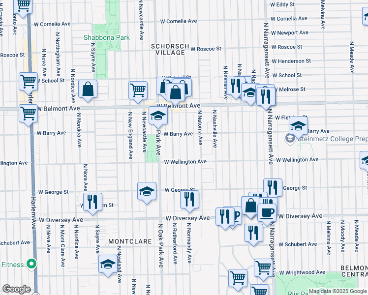 map of restaurants, bars, coffee shops, grocery stores, and more near 3030 North Normandy Avenue in Chicago