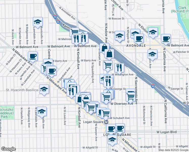 map of restaurants, bars, coffee shops, grocery stores, and more near 2955 North Spaulding Avenue in Chicago