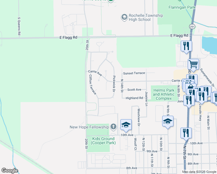 map of restaurants, bars, coffee shops, grocery stores, and more near 1117 McCall Court in Rochelle