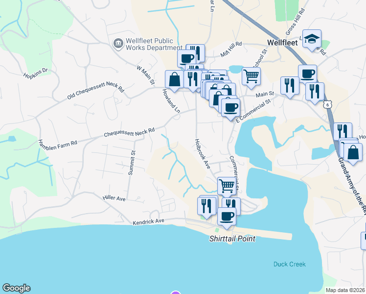 map of restaurants, bars, coffee shops, grocery stores, and more near 40 Daveys Path in Wellfleet