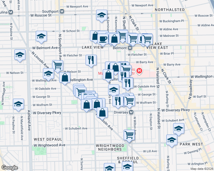 map of restaurants, bars, coffee shops, grocery stores, and more near 1104 West Oakdale Avenue in Chicago