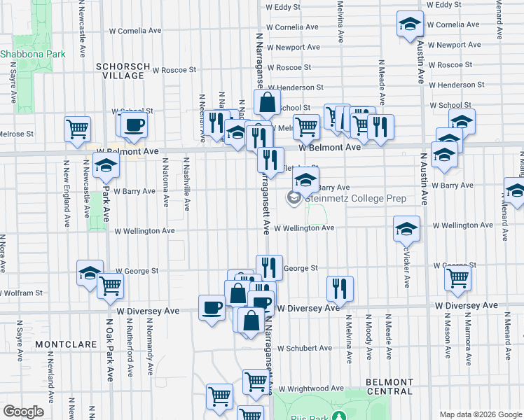 map of restaurants, bars, coffee shops, grocery stores, and more near 3028 North Narragansett Avenue in Chicago