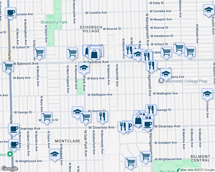 map of restaurants, bars, coffee shops, grocery stores, and more near 3028 North Natoma Avenue in Chicago