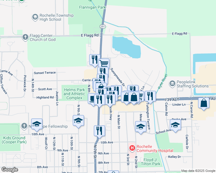 map of restaurants, bars, coffee shops, grocery stores, and more near 1133 North 7th Street in Rochelle