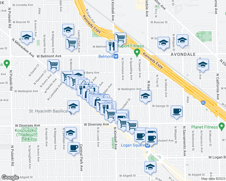 map of restaurants, bars, coffee shops, grocery stores, and more near 2940 North Kimball Avenue in Chicago