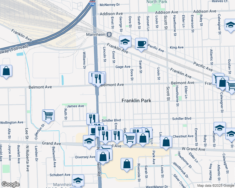 map of restaurants, bars, coffee shops, grocery stores, and more near 3121 Ernst St in Franklin Park