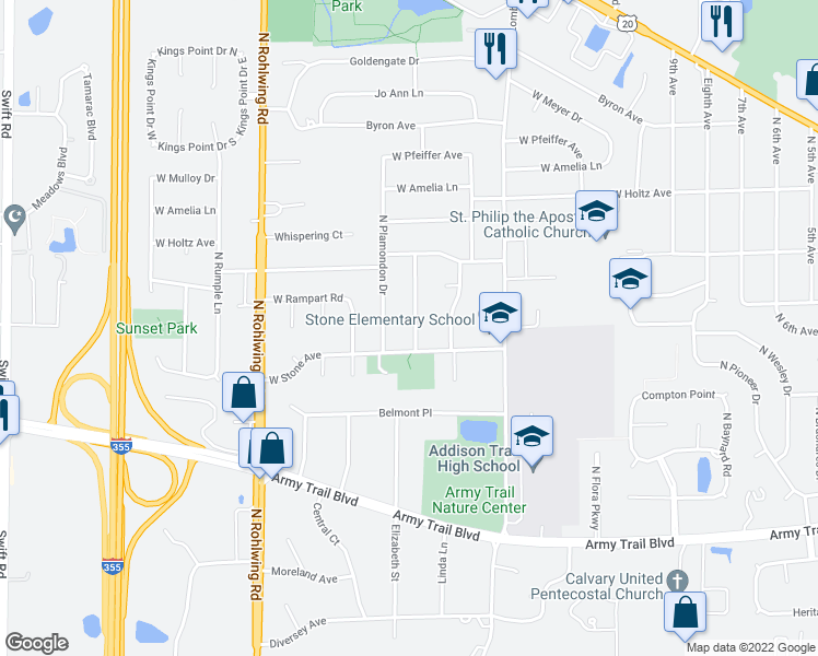map of restaurants, bars, coffee shops, grocery stores, and more near 518 North Green Ridge Street in Addison