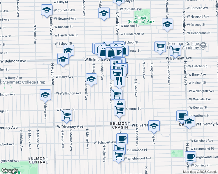 map of restaurants, bars, coffee shops, grocery stores, and more near 3018 North Parkside Avenue in Chicago