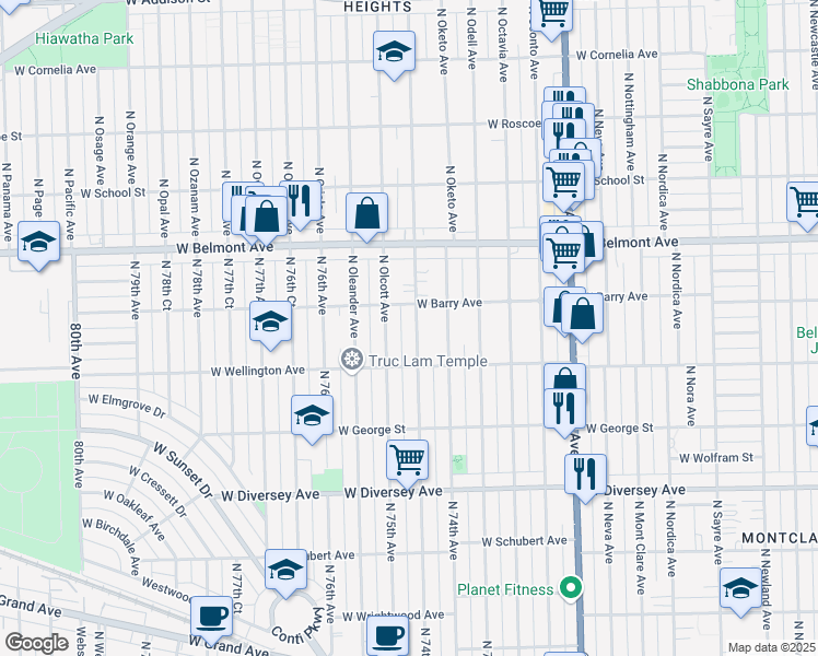 map of restaurants, bars, coffee shops, grocery stores, and more near 3038 North Osceola Avenue in Chicago