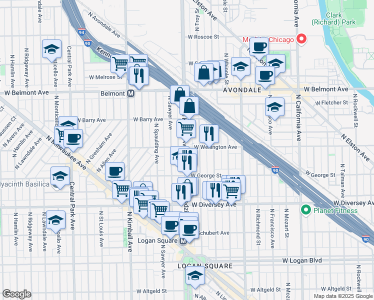 map of restaurants, bars, coffee shops, grocery stores, and more near 2957 North Kedzie Avenue in Chicago